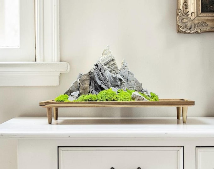 Featured listing image: Mountain Landscape Art | Natural Stone Moss Decor | Rustic Wood Centerpiece | Alpine Home Office Sculpture