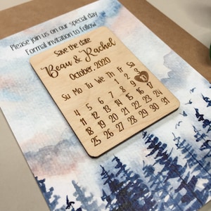 Personalized Wooden Save The Date Calendar - Unique Spruce Save The Date Magnet - Custom Rustic Save The Date with Cards and Envelopes
