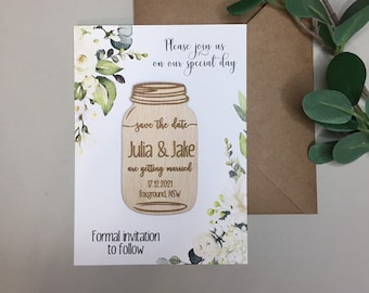Save The Date Magnet Mason Jar With Flowers - Personalized Rustic Mason Jar - Rustic Wedding Announcement - Save The Date with Card