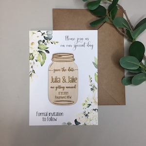 Save The Date Magnet Mason Jar With Flowers - Personalized Rustic Mason Jar - Rustic Wedding Announcement - Save The Date with Card