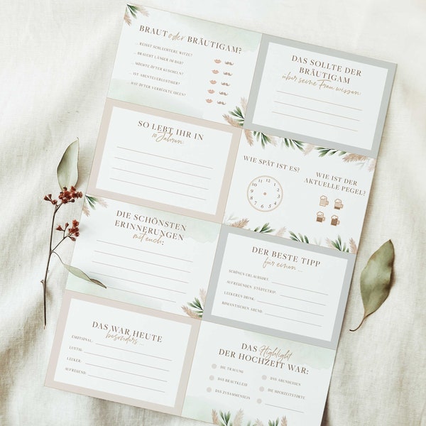 Wedding cards to fill out as a guest book alternative, question cards, DIY wedding idea, self-printing