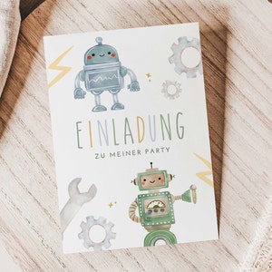 Invitation cards with cute robots for a children's birthday party as a set