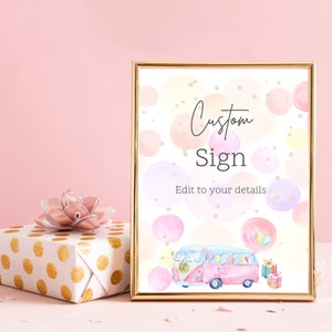 Girl&#39;s Birthday | Watercolor | Party Bus | VW Van | Retro | Hippie | Birthday Party Custom Sign 8x10 | Printable Instant Download | Editable