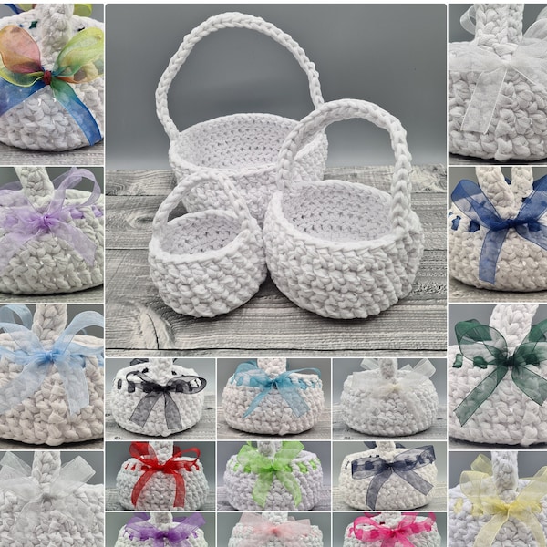 White Basket • Crochet • Deluxe • Coloured and Rainbow Ribbon • Easter Basket • Flower Girl Basket • Wedding Favour • Small Medium or Large
