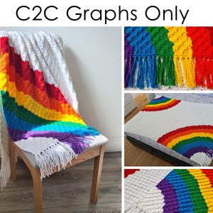 May include: A crochet rainbow blanket with white fringe. The blanket is folded and draped over a wooden chair. The image includes the text "C2C Graphs Only" and "Instant Digital Download".