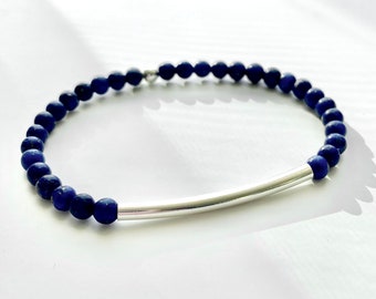 Lapis Lazuli Healing Stone Stretch Bracelet | 4mm Gemstone Beads | Blue & Silver | Holidays | Birthday Gift | Healing Stones