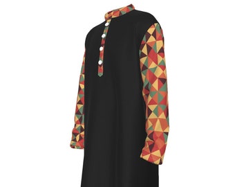 Ethnic Classic Geometric Pattern All-Over Print Men's Stand-up Collar Long Shirt For Feast Days New Moon Shabbat