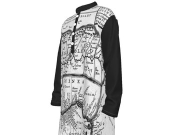 Hebrew Israelite Men's "Map Of Our Forefathers" Pattern All-Over Print Men's Stand-up Collar Long Shirt For Feast Days New Moon Shabbat