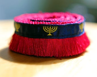 Rosé Blush Brush Fringe: Navy Blue Ribbon, Menorah Print Judaica Apparel