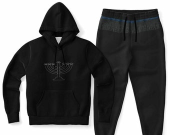 Hebrew Israelite Mens & Womens Digital Embroidery Menorah Fringe Printed Premium Hoodie Sweat Suit