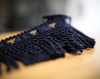 Rare Premium Dark Navy Bullion Fringe with Navy Border of Blue - israelite fringes for sale