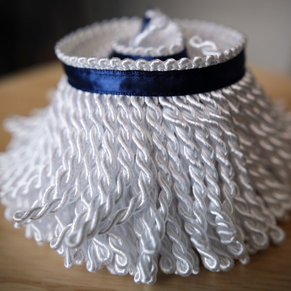 Premium White Bullion Fringe with Navy Border of Blue - israelite fringes for sale