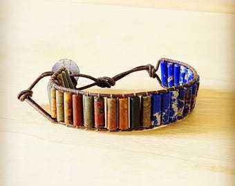 Woven Picasso Jasper & Lapis Beaded Bracelet: Gift For Her Jewelry