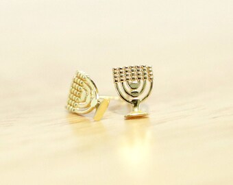 7 Branch Menorah Stud Earrings in Silver or Brass Jewish Jewelry