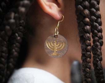 Hebrew Israelite Walnut Golden Menorah Earrings Gift For Her Jewelry