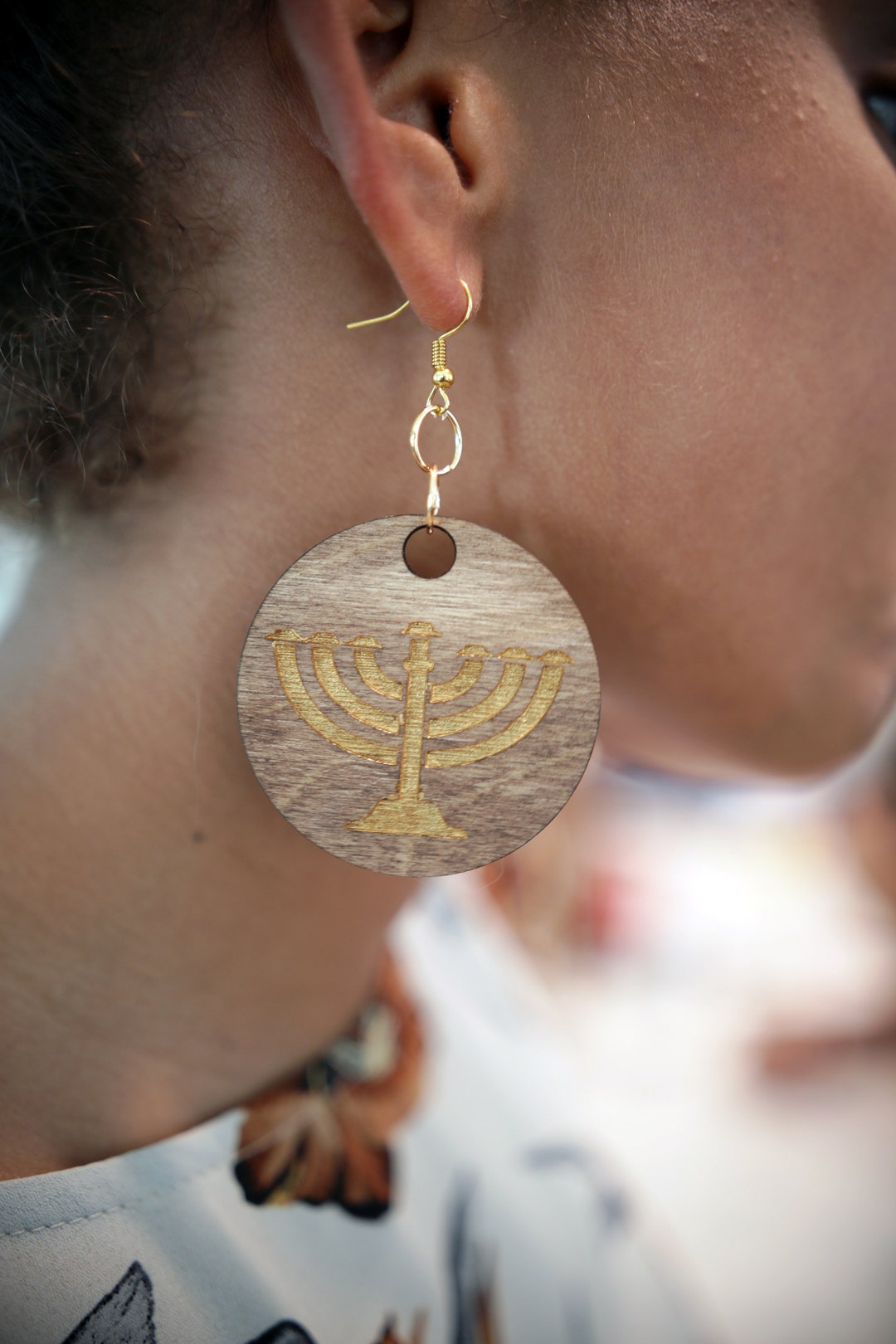 Hebrew Israelite Large Walnut Golden Menorah Earrings Gift for Her