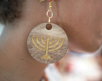 Hebrew Israelite Large Walnut Golden Menorah Earrings Gift For Her Jewelry