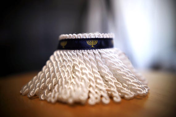 Premium Bullion Fringes - White with Navy Blue Menorah Border
