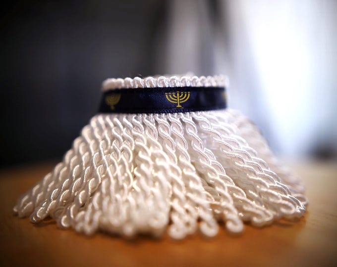 Featured listing image: Rare Premium White Bullion Fringe with Navy Border of Blue and Menorah Print - israelite fringes for sale Judaica apparel