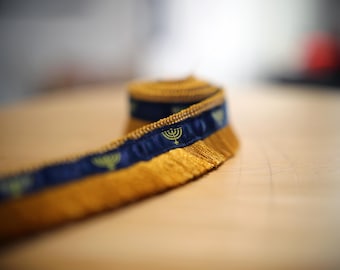 Gold 1" Brush Fringe: Navy Blue Ribbon, Menorah Print Judaica Apparel