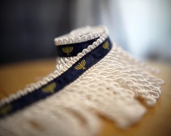 Rare Premium White Bullion Fringe with Navy Border of Blue and Menorah Print - israelite fringes for sale