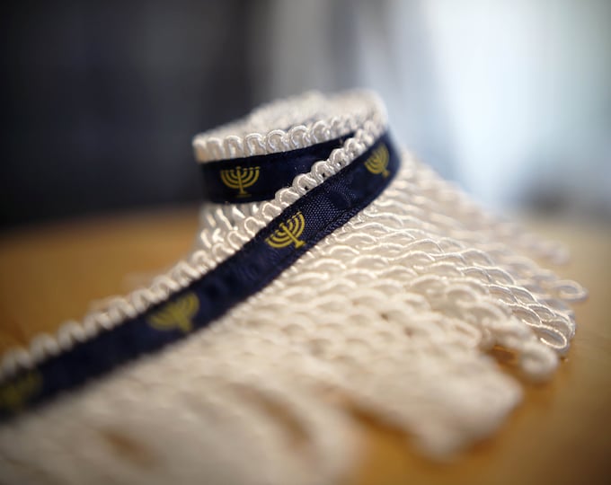Featured listing image: Rare Premium White Bullion Fringe with Navy Border of Blue and Menorah Print - israelite fringes for sale