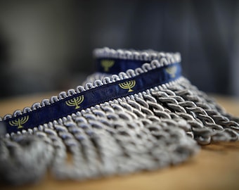 Rare Premium Mercury Silver Bullion Fringe with Navy Border of Blue and Menorah Print - israelite fringes for sale