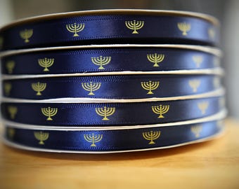 Rare Premium Satin Navy Ribbon Border of Blue and Menorah Print