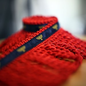 Puede incluir: Borde rojo y azul con un diseño de menorá dorado. El borde está hecho de un material suave y peludo.