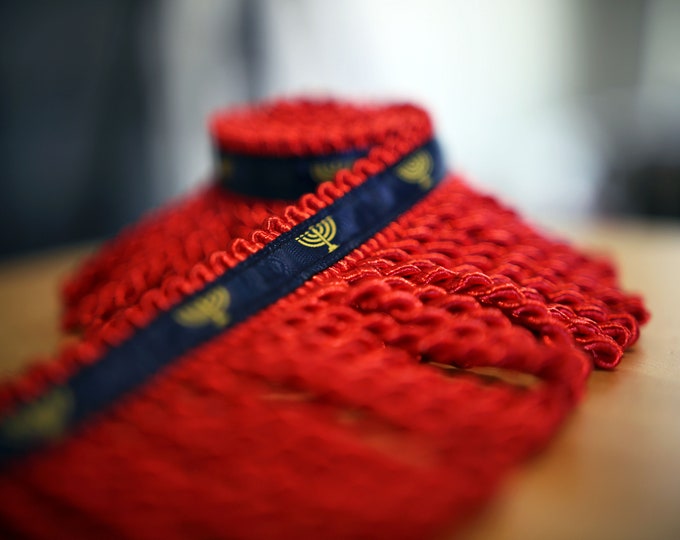 Featured listing image: Rare Premium Crimson Red Bullion Fringe with Navy Border of Blue and Menorah Print - israelite fringes for sale