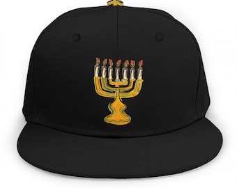 Hebrew Israelite Centered Menorah Flat-Brim Baseball Cap/Hat w/ Adjustable Strap