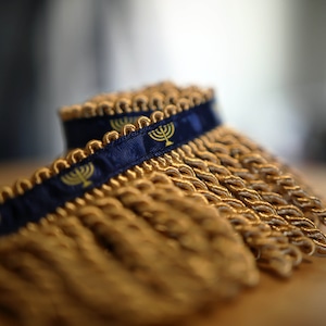 Rare Premium Gold Bullion Fringe with Navy Border of Blue and Menorah Print - israelite fringes for sale Judaica apparel