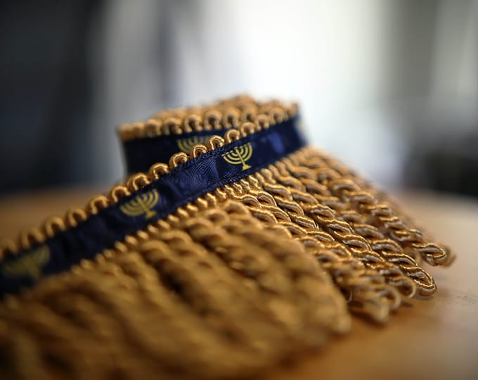 Featured listing image: Rare Premium Gold Bullion Fringe with Navy Border of Blue and Menorah Print - israelite fringes for sale Judaica apparel