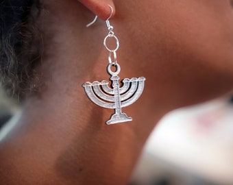 Hebrew Israelite Silver/Walnut Mini 7 Candle Stick Menorah Of Israel Earrings Gift For Her Jewelry