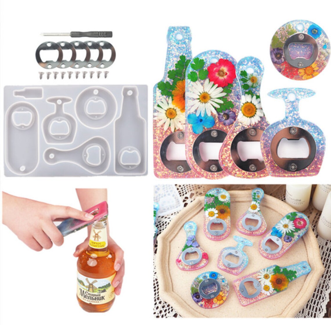 DIY crystal resin epoxy beer wrench bottle opener dried flower Etsy