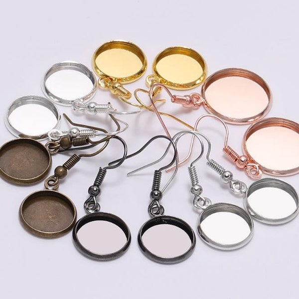 20pcs Bezel Earring Blank, 12mm Bezel Earring, Bezel Leverback earring hooks with trays, Cabochon Settings, Earring Trays