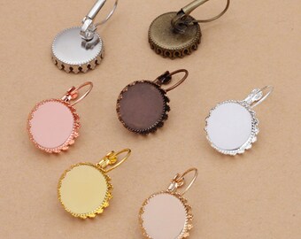 50pcs brass Crown French Earrings Bezel Blank 12 14 16 18 20mm cabochon earring settings, diy ear hooks findings, No allergic Earring Posts