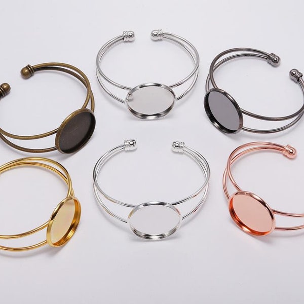 5pcs Cuff Bracelet Blank - Bracelet de lunette de manchette - 20mm Rond - Bracelet Cabochon en verre - Bracelet Argent Laiton Cuivre Or Rose Or