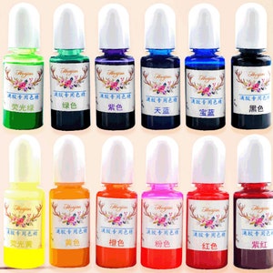 May include: Twelve small bottles of resin dye in various colours, including fluorescent green, green, purple, blue, light blue, black, yellow, orange, red, pink, and red-purple. Each bottle has a white cap and a label with Chinese text and the colour name in English.