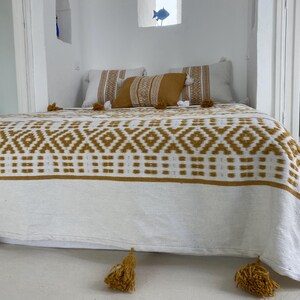 Moroccan Handwoven Cotton Blanket - White & Mustard Berber Design with Pom Poms - Cozy Home Decor