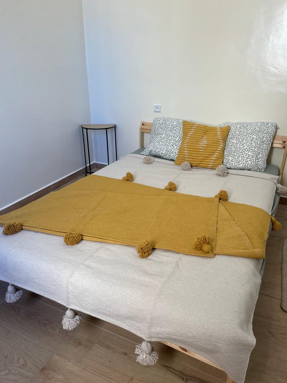Handwoven Cotton Pom Pom Blanket – Mustard Yellow Cream