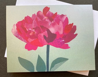 Peony notecard, blank folded card printed from stunning paper collage art. Dramatic pink flower card for May birthdays or any occasion.