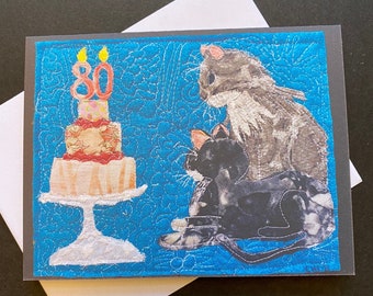 80th birthday card, kitties with cake and message. Folded card printed from original mixed media art. Funny Big Birthday card for cat lovers