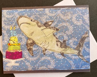 20th birthday card, shark In ocean with birthday cake and message. Folded print of original mixed media ocean art. Funny Big Birthday card.