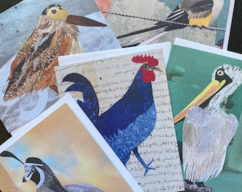 Beautiful bird cards, blank folded prints of unique original paper collage art, set of 5 all occasion cards, gift for birders, unique gift.