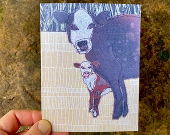 Baby shower notecard, card for baby gift, card for pregnancy announcement, new baby card, cow and calf. Print of original mixed media art.