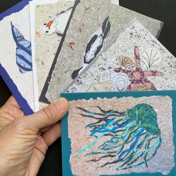 Beach notecards, pack of 5. Folded blank prints of original mixed media art. Tropical notecards, life at the shore, perfect for ocean lovers