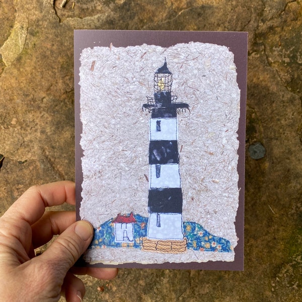 Bodie Island NC lighthouse. 5x7 postcard print of Nags Head lighthouse mixed media art. Outer Banks Cape Hatteras National Seashore card.