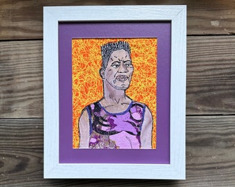 Portrait in purple, stitched face with fabric clothes and watercolor skin and hair. One-of-a-kind framed textile wall art with African cloth