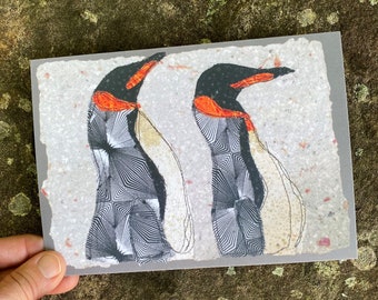 King penguin postcard, 5x7 print of original mixed media art, Antarctica card, South Georgia Island birds, art for kid's room,.